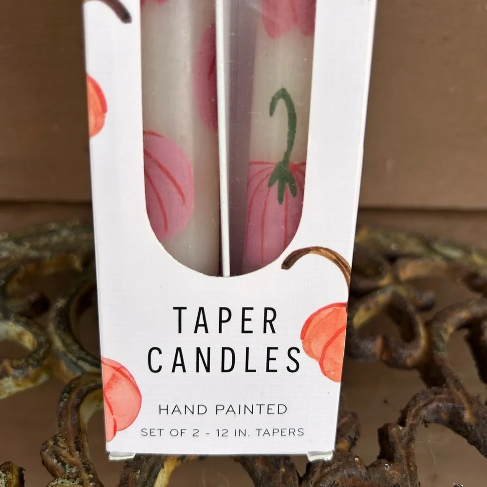 Anthropologie White Taper Candles with Hand painted pumpkin Motif - Pair
